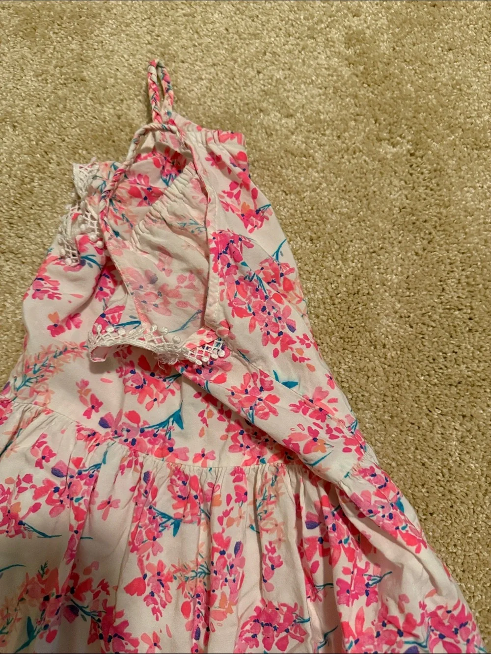 OshKosh B'gosh White Maxi Dress with Pink Floral and Blue Accents. EUC. Summer
